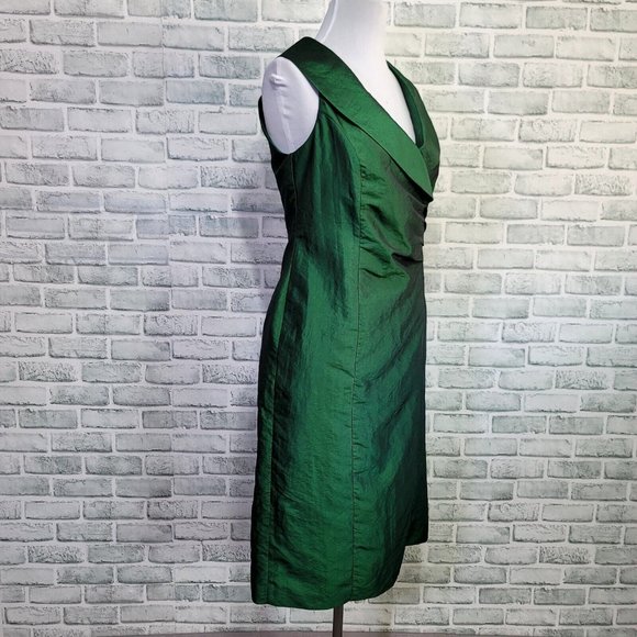 Lygia Farah 42 Green Crushed Taffeta Collared Surplice Sheath‎ Cocktail Dress - Picture 4 of 11